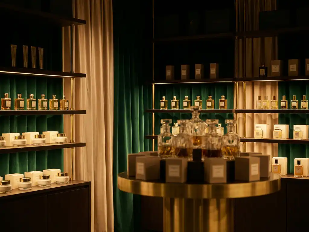 Luxury perfume display with glass bottles and cosmetics on dark wood shelves with brass accents in warm golden light.
