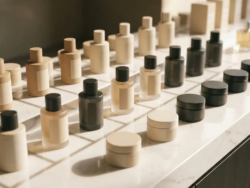 Luxury retail shelf displaying geometrically arranged perfume bottles and skincare products in champagne and ivory tones with soft studio lighting.