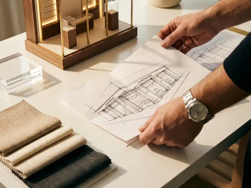 Creative director placing an architectural sketch on a white desk beside material swatches, acrylic samples, and a miniature luxury retail display model.