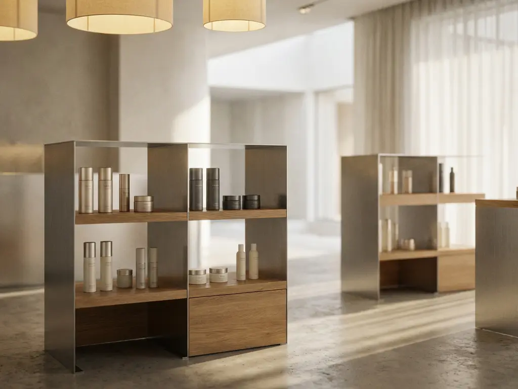 Modular retail display unit in brushed metal and oak showcasing premium cosmetics with intentional spacing in a luminous high-end store.