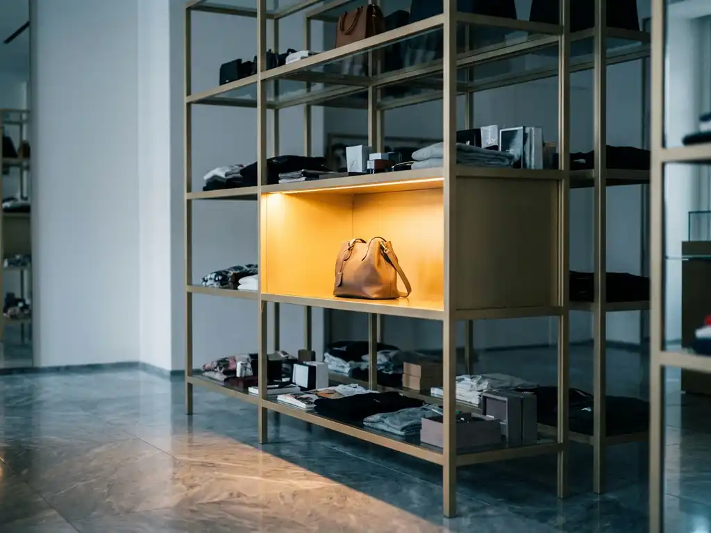 Luxury boutique display fixture with one spotlight-lit shelf amid overcrowded shelves, marble floors, and champagne gold accents against white walls.