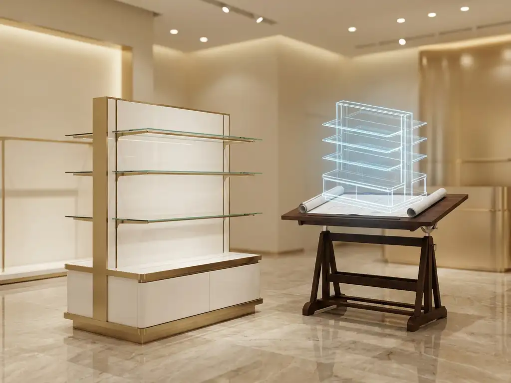 Luxury retail display stand in white and brushed gold on polished marble, with a 3D wireframe blueprint draft on an adjacent drafting table.
