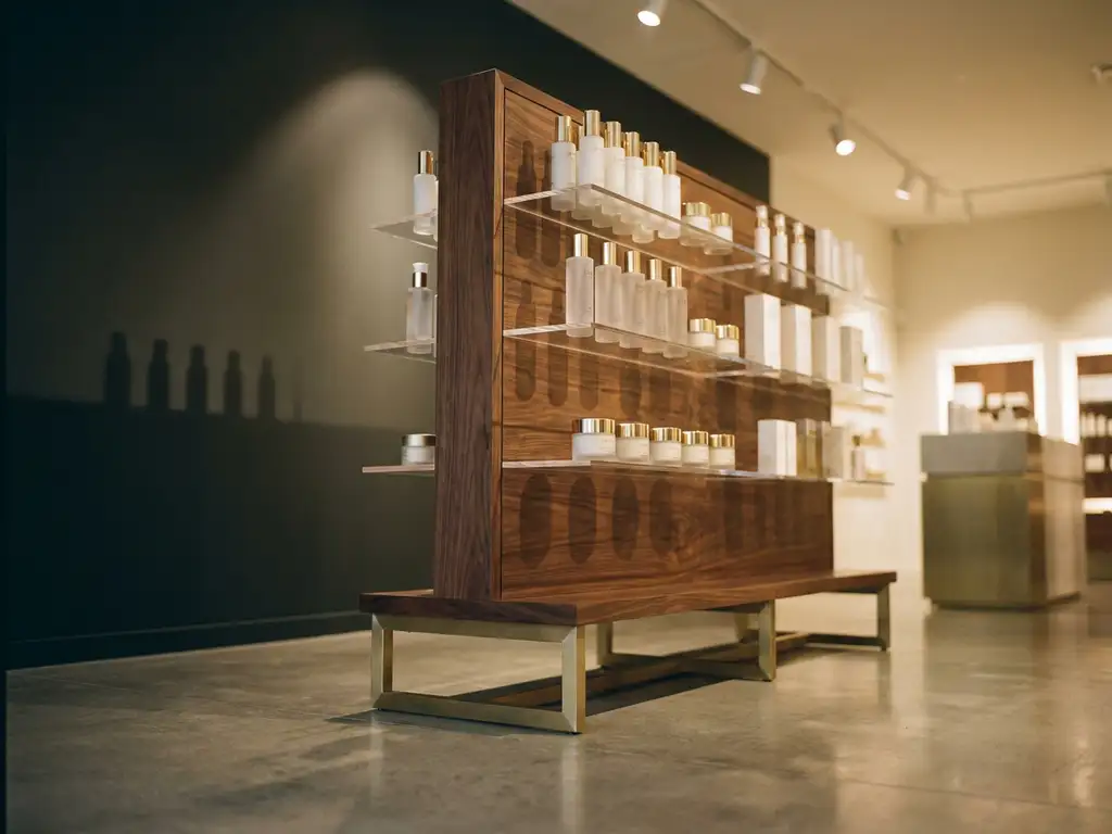 Polished metal and walnut wood luxury retail display stand with gold-toned cosmetics on acrylic shelves, lit by warm spotlights against a charcoal backdrop.
