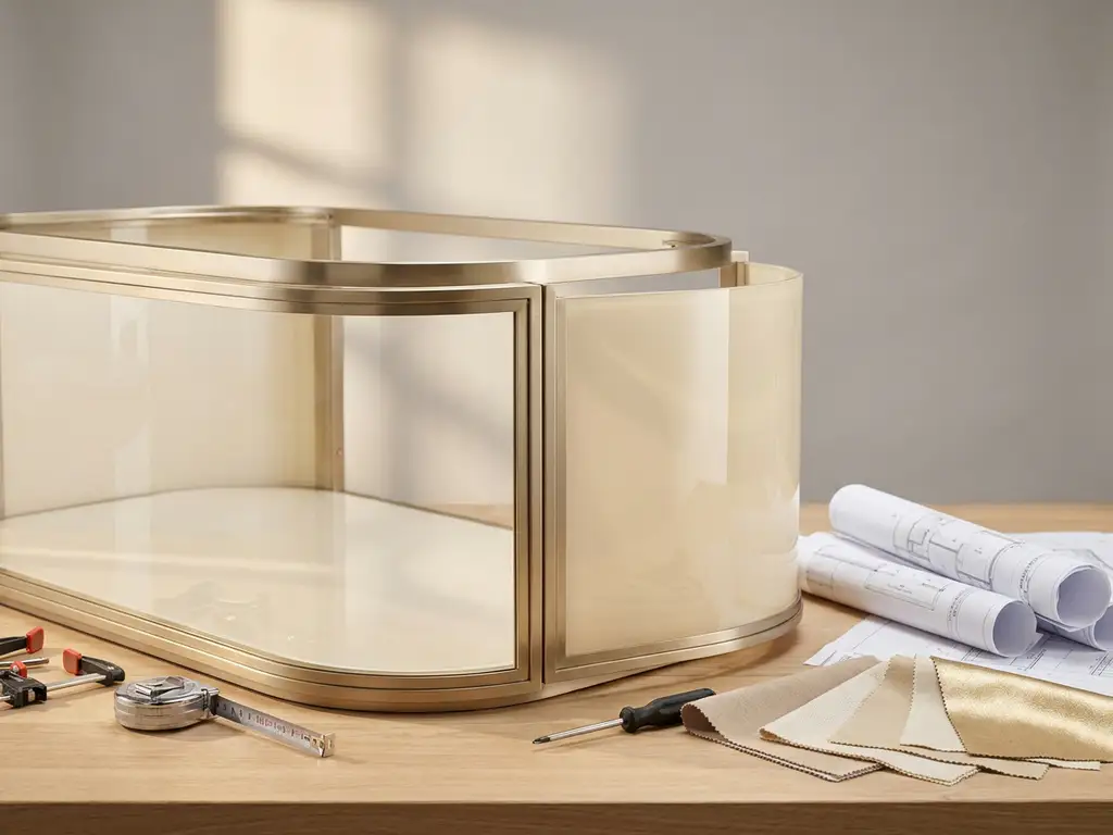Half-assembled luxury retail display unit on a workshop bench with architectural drawings, acrylic panels, and brushed metal components in champagne gold tones.