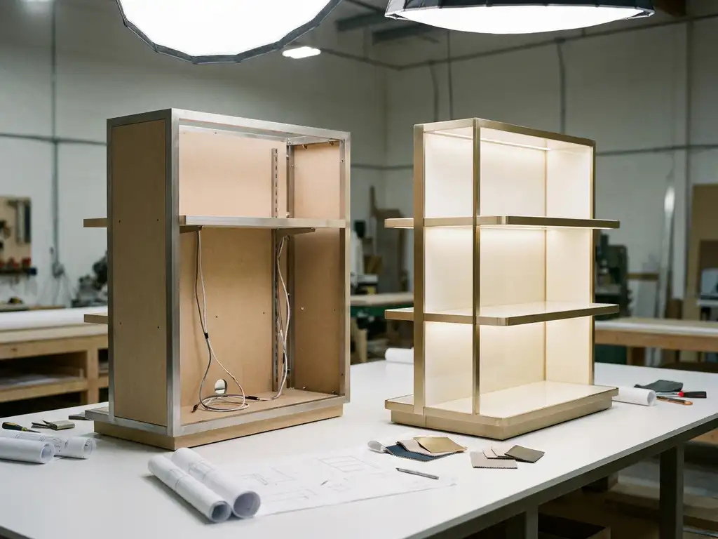 Half-finished luxury retail display unit beside its completed twin, showing raw MDF and metalwork contrasting with glossy champagne gold acrylic panels.