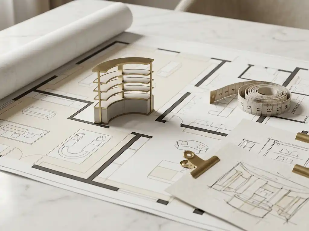 Luxury retail floor plan blueprint on marble surface with miniature display unit model at aisle intersection, measuring tape, and architectural sketches nearby.