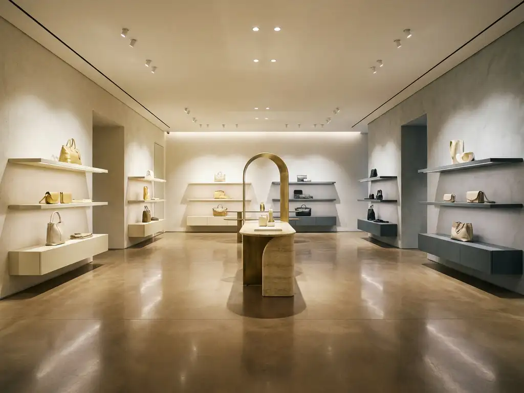 Luxury retail interior with ivory sculptural display fixtures, brushed brass accents, and minimalist shelving on polished concrete floors under soft spotlights.