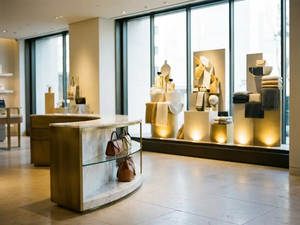 Luxury retail interior with polished marble and brushed brass display fixture leading to a floor-to-ceiling window dressed with sculptural arrangements under warm golden spotlights.