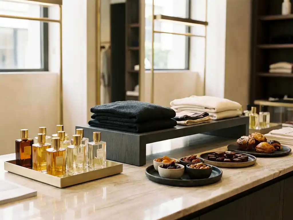 Luxury retail counter displaying perfume bottles, folded garments, and artisan food on marble surface in warm gold and charcoal tones.