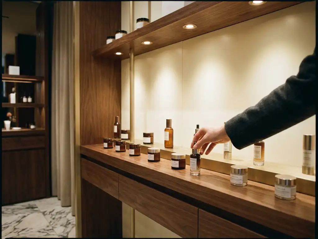 Shopper reaching for a glass skincare bottle on polished walnut shelving in a luxury boutique with warm spotlight accents.