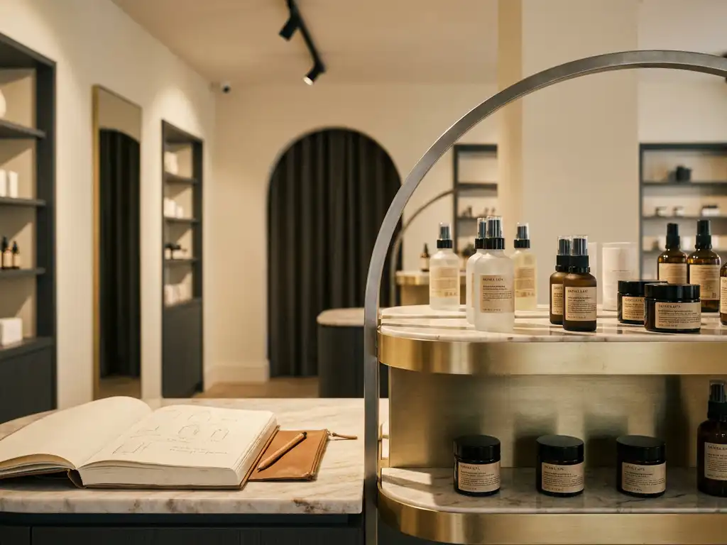 Luxury skincare products on a marble retail display stand beside an open design sketchbook in a minimalist gold-toned boutique.