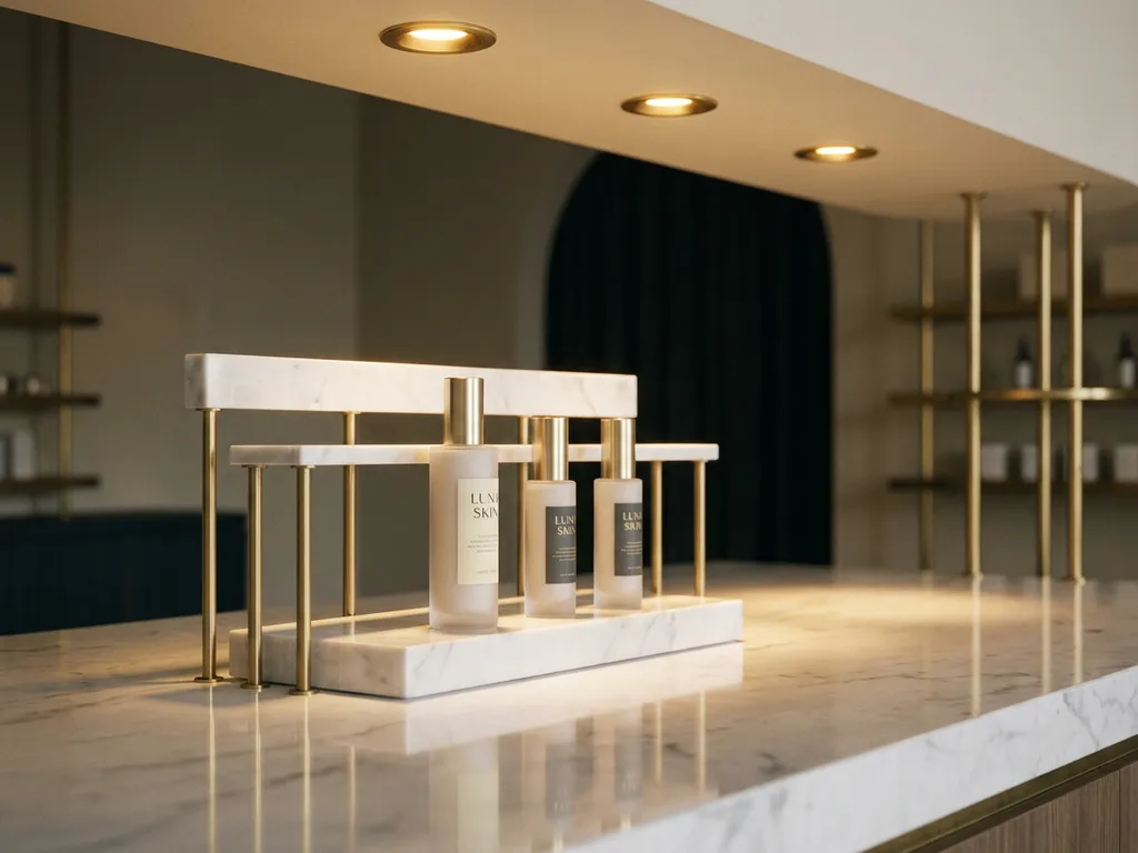 Luxury skincare products on a polished marble display stand with brushed brass fixtures under warm golden spotlights in a minimalist boutique.