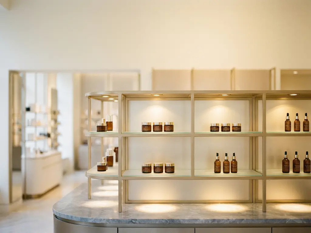 Luxury skincare products displayed on frosted glass shelves above polished marble, lit by warm golden spotlights in a champagne and white boutique interior.