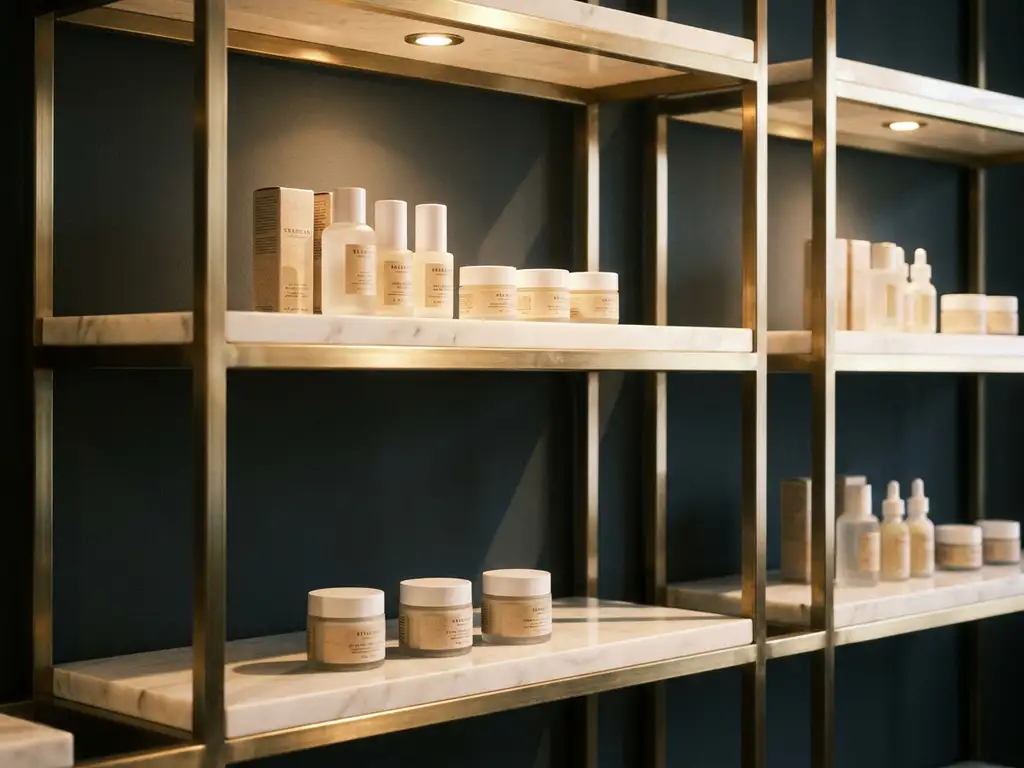 Luxury skincare display on polished marble shelving with brushed brass accents, warm spotlight, and minimalist product arrangement against a charcoal backdrop.