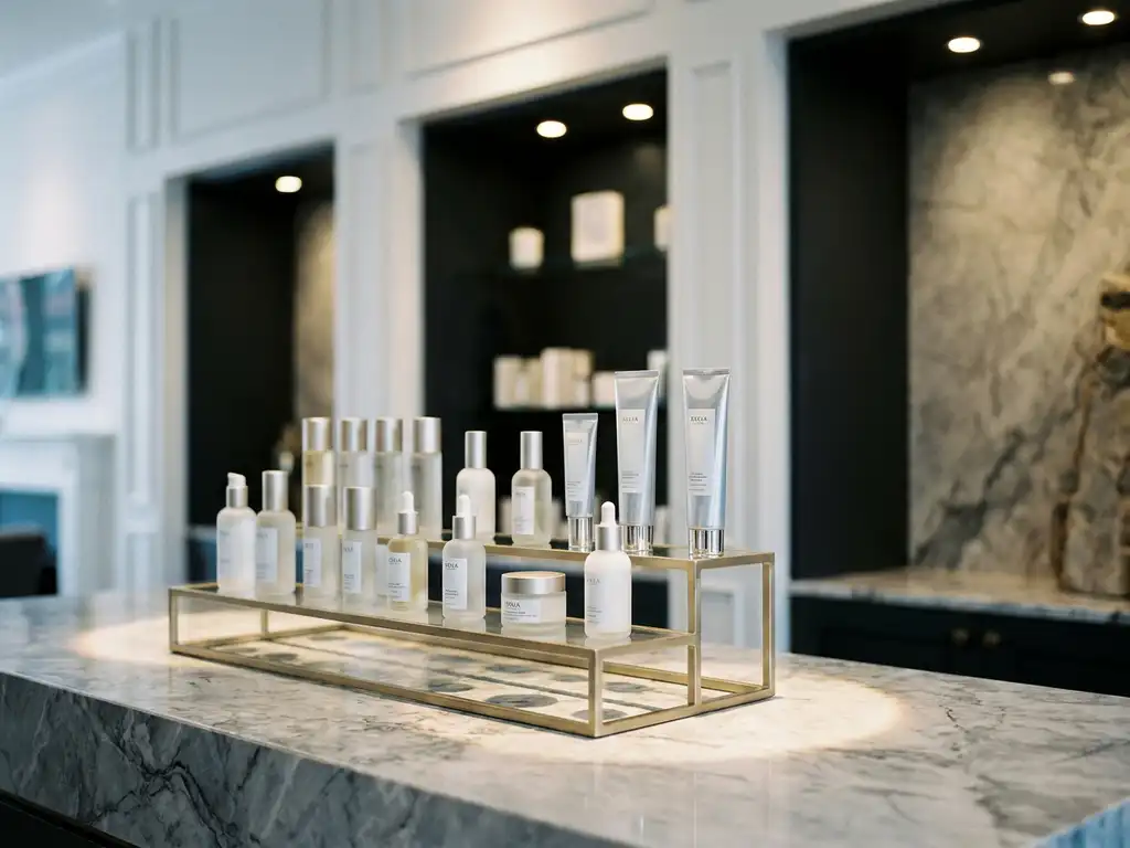 Luxury skincare products displayed on a polished marble stand under warm spotlights in a minimalist high-end retail interior.