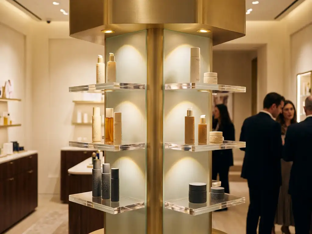 Freestanding luxury skincare display with acrylic shelves, warm golden spotlights, and frosted glass packaging in a high-end retail interior.