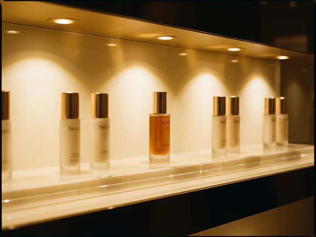 Luxury skincare products in glass bottles arranged on a polished white retail shelf, lit by warm golden spotlights with soft shadows.