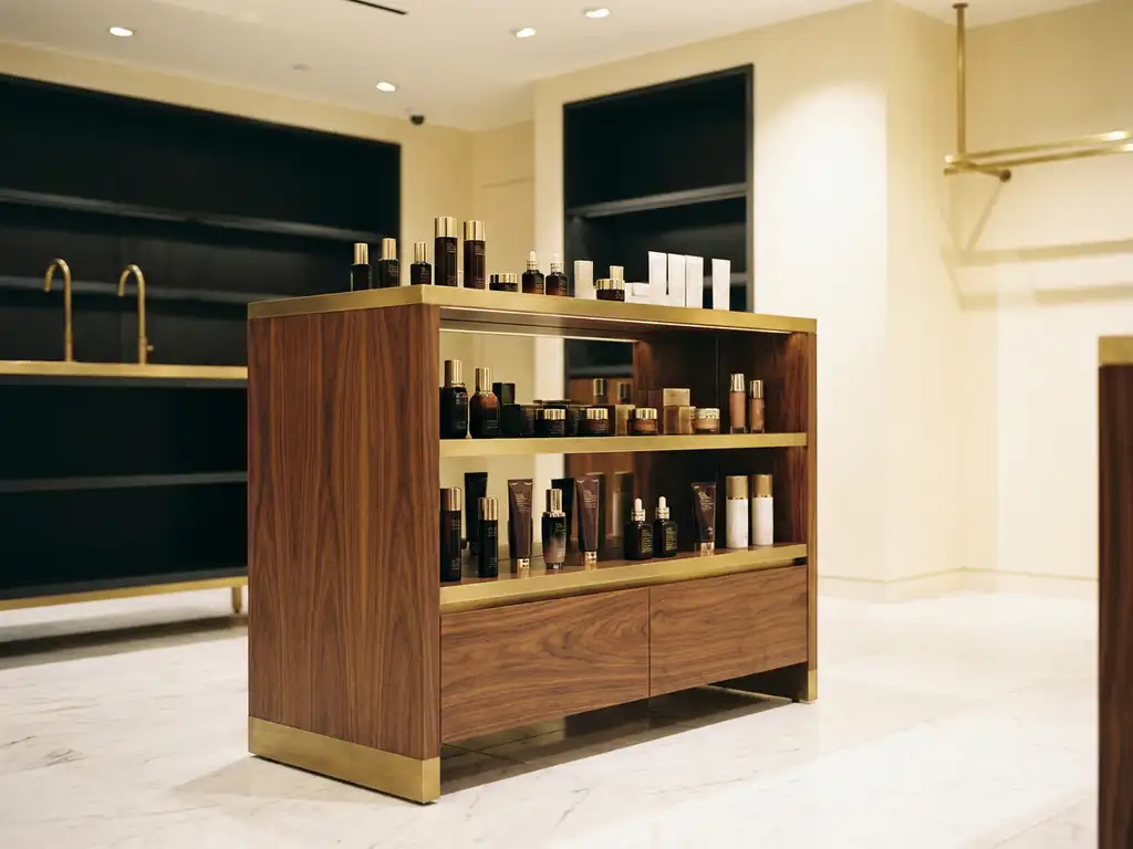Freestanding dark walnut and brushed brass retail display unit showcasing luxury skincare products on marble flooring with warm recessed lighting.