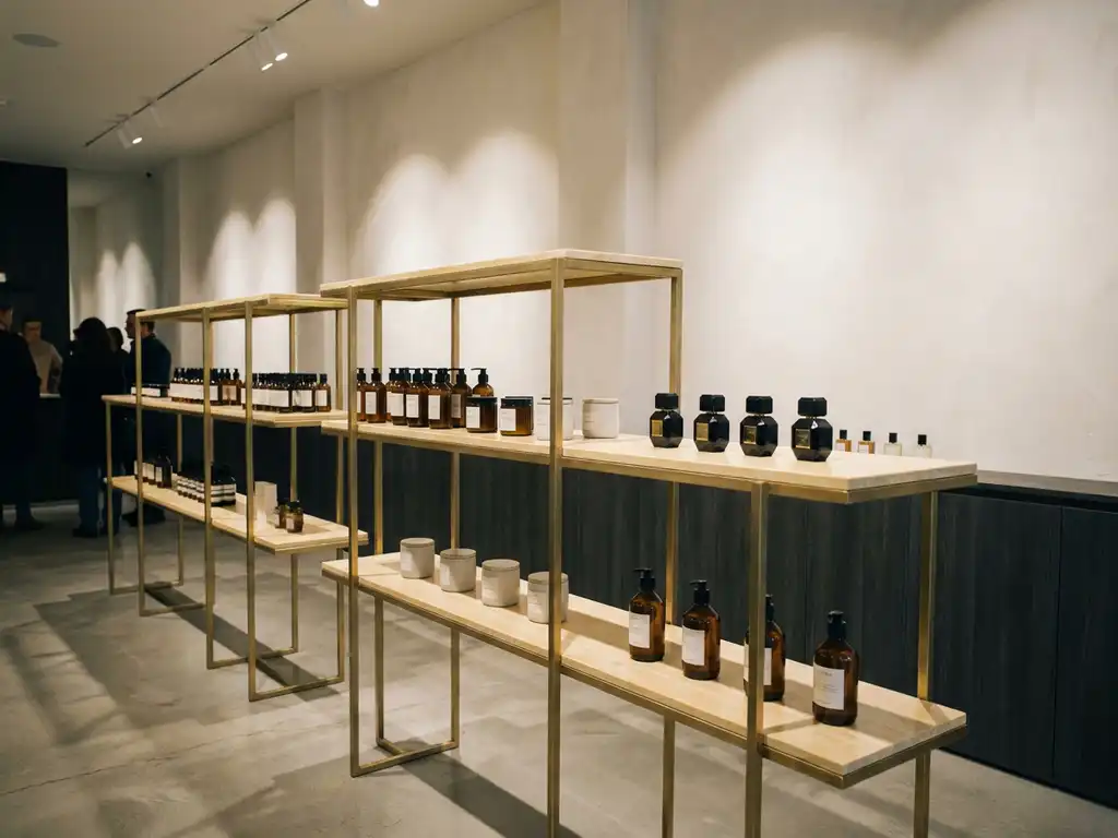 Modular luxury retail display unit showcasing premium skincare and fragrance products in brushed gold and ivory tones with soft spotlight accents.