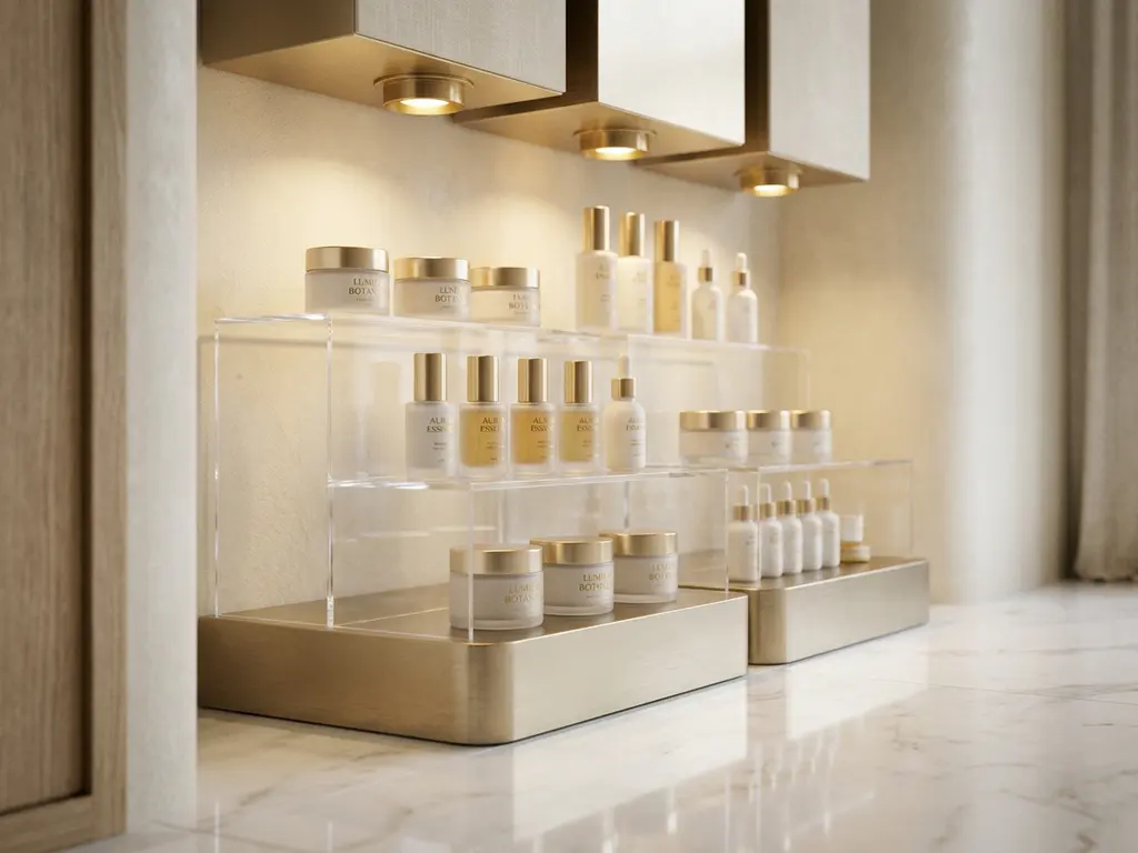 Luxury skincare products arranged on tiered acrylic shelves with warm spotlights highlighting brushed metallic surfaces and white marble flooring.