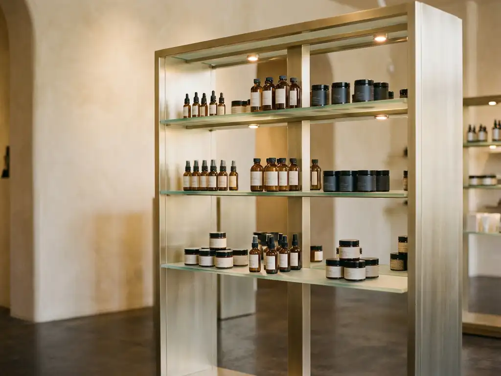 Freestanding retail display with illuminated tiered shelves holding premium skincare products in a minimalist boutique with warm gold and charcoal tones.