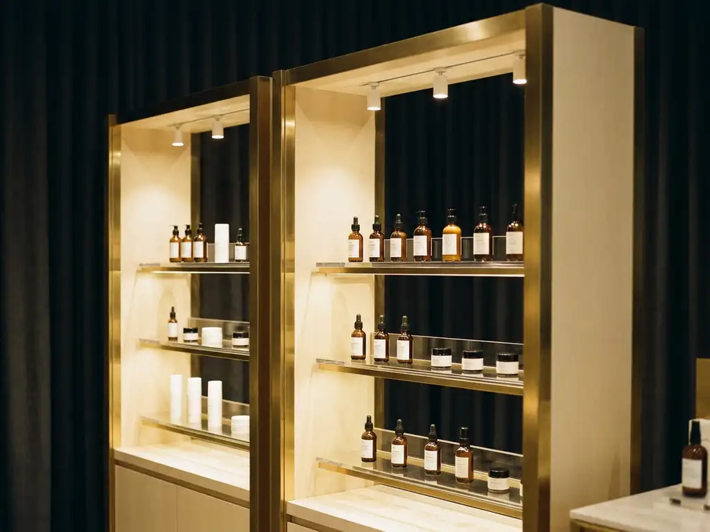 Bespoke cream and brushed brass shelving unit displaying premium skincare products under warm golden spotlights against a deep charcoal backdrop.