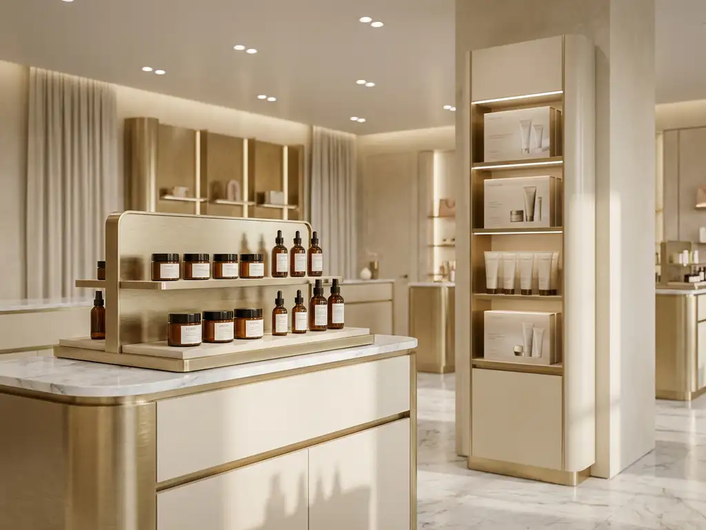 Counter and floor-standing skincare displays in a luxury retail setting with white marble surfaces, gold accents, and warm diffused lighting.