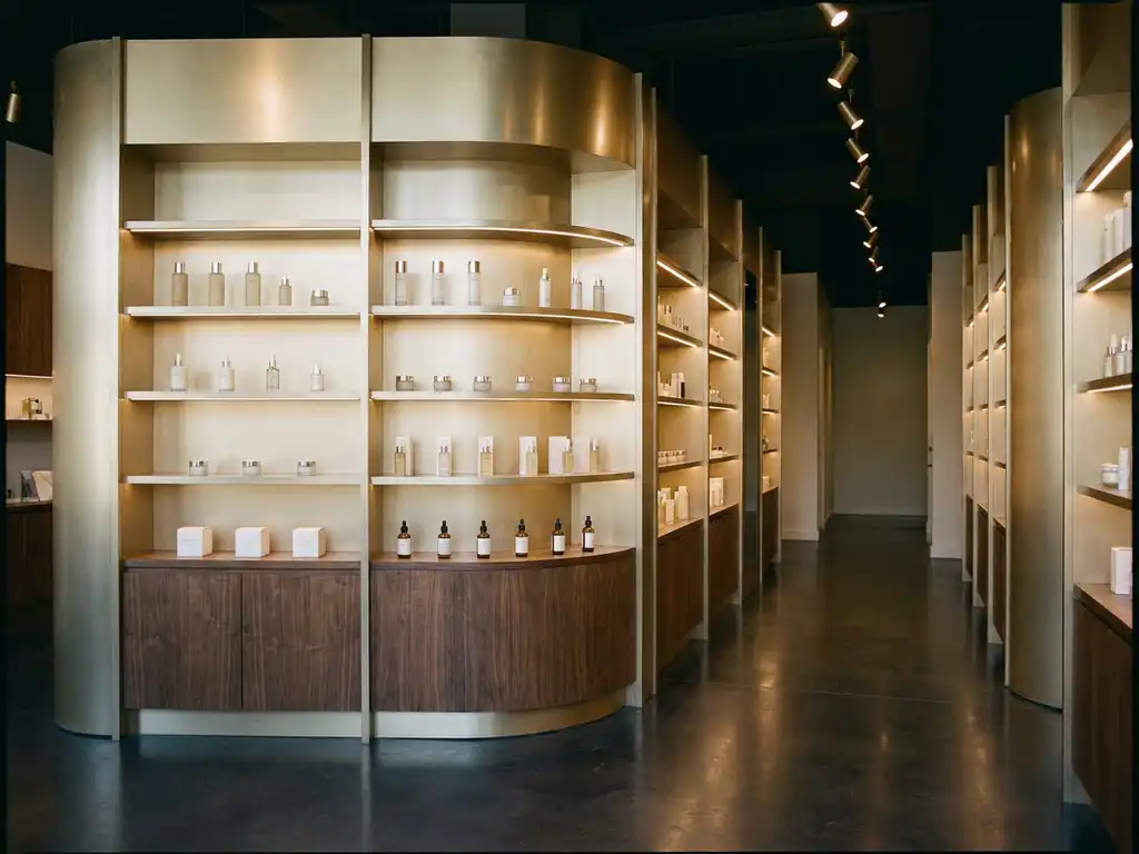 Luxury skincare display unit with illuminated shelves in brushed metal and warm wood, bathed in warm spotlight on an empty retail floor.