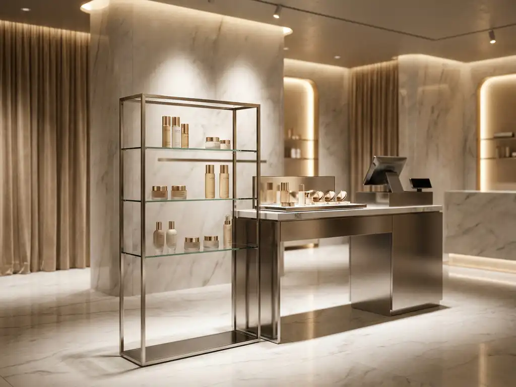 Freestanding display unit and countertop POS fixture in a luxury retail interior with marble surfaces, warm spotlights, and premium cosmetics arranged in gold and white tones.