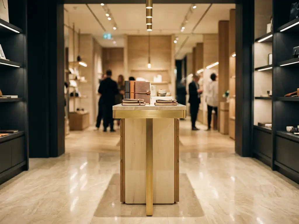 Freestanding retail display unit in a luxury store with warm spotlights, marble floors, and brushed gold and charcoal finishes.