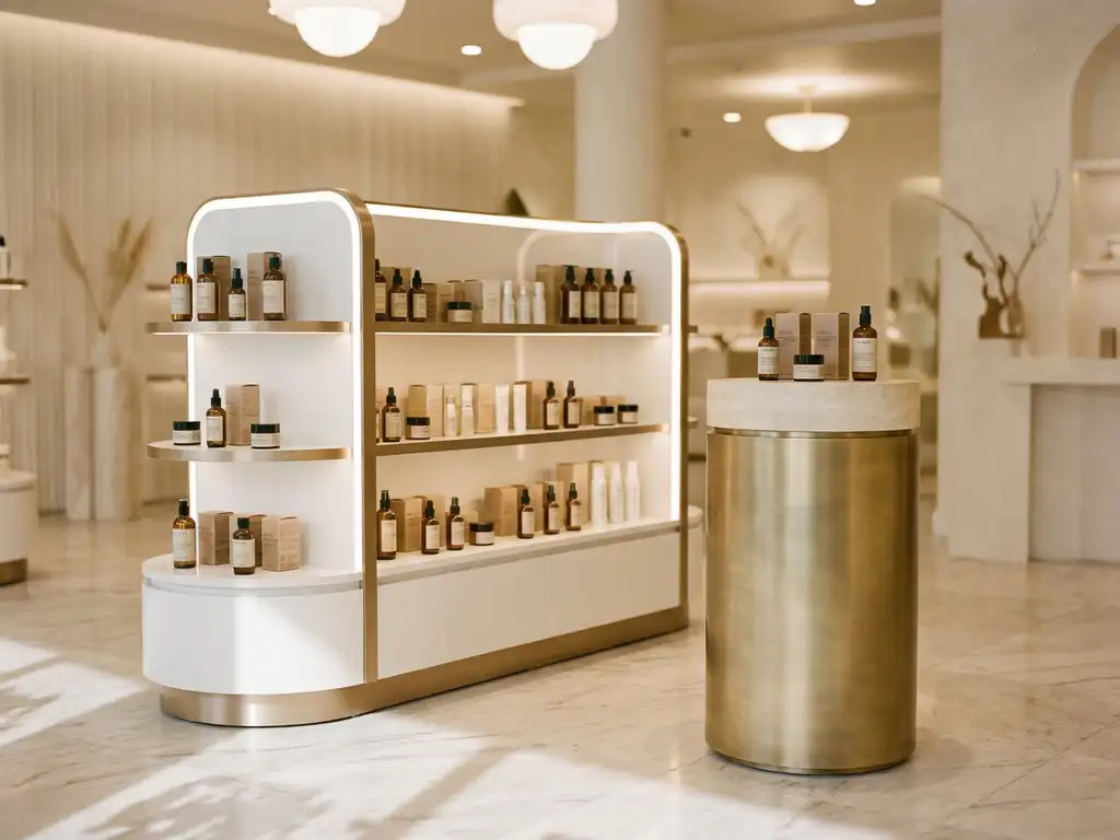 Gondola shelving unit and freestanding display pedestal in a luxury retail interior with marble floors and brushed metallic accents.