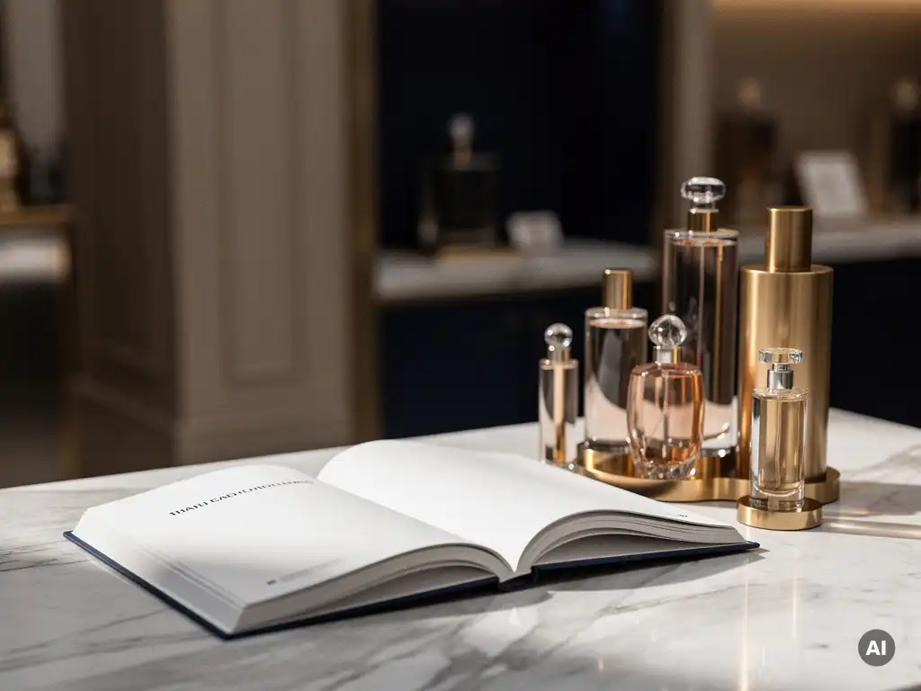 Open brand guidelines book on marble surface beside a luxury perfume display with glass bottles and brushed gold fixtures in navy and champagne tones.