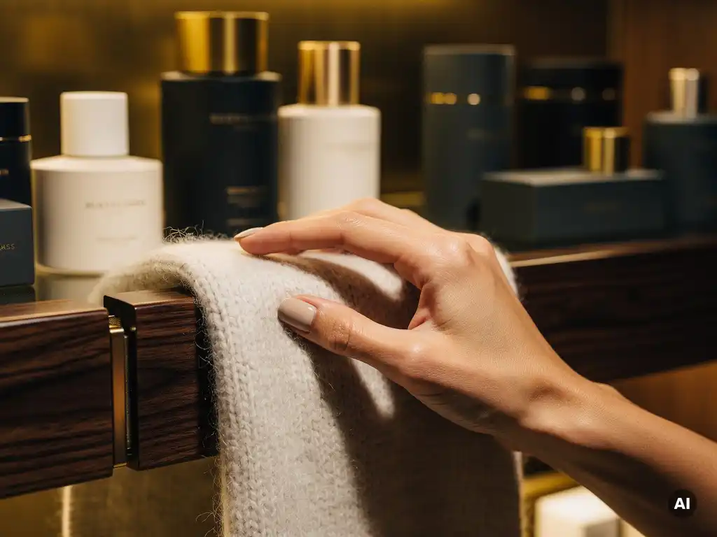 Manicured hand touching a soft cashmere fabric swatch on a dark walnut display, surrounded by premium skincare packaging and brushed brass accents.