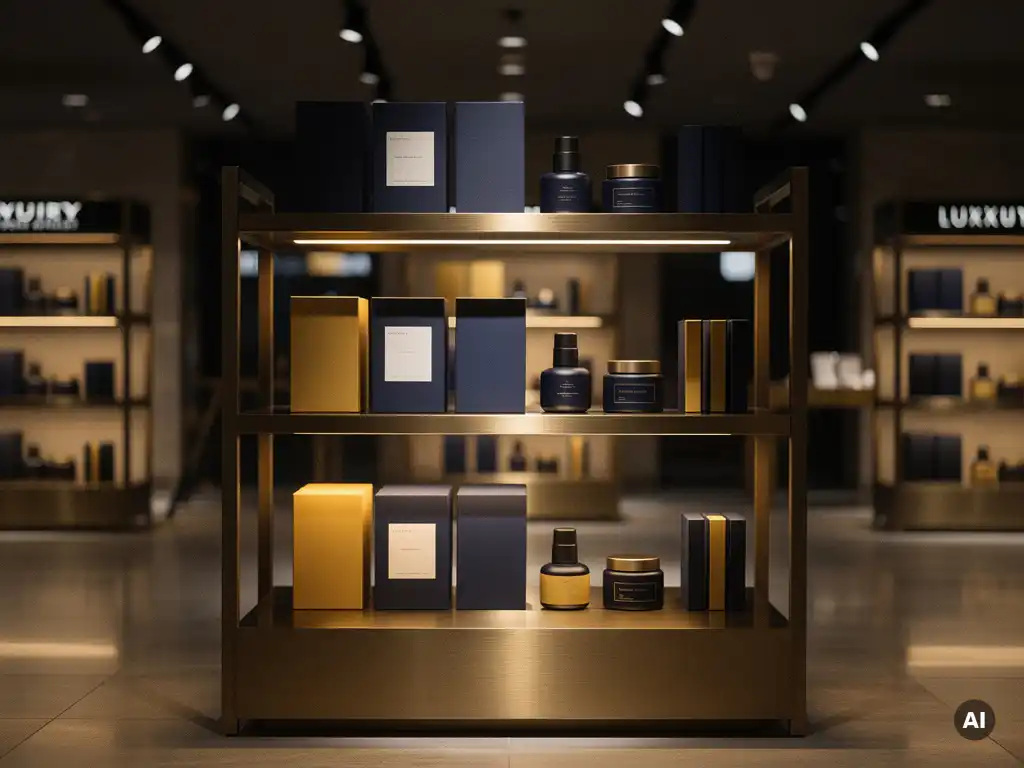 Premium challenger brand display stand with minimalist packaging on brushed metal shelving, lit by warm spotlights against a luxury retail backdrop.