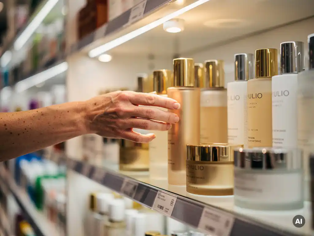 Hand reaching toward a premium cosmetics display in a UK high-street pharmacy, warm spotlighting on elegant ivory and gold product packaging.