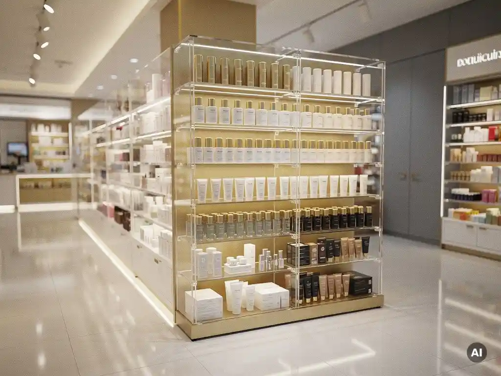 Semi-permanent floor display unit with acrylic shelving holding premium cosmetics in a high-end pharmacy, lit by warm spotlights.