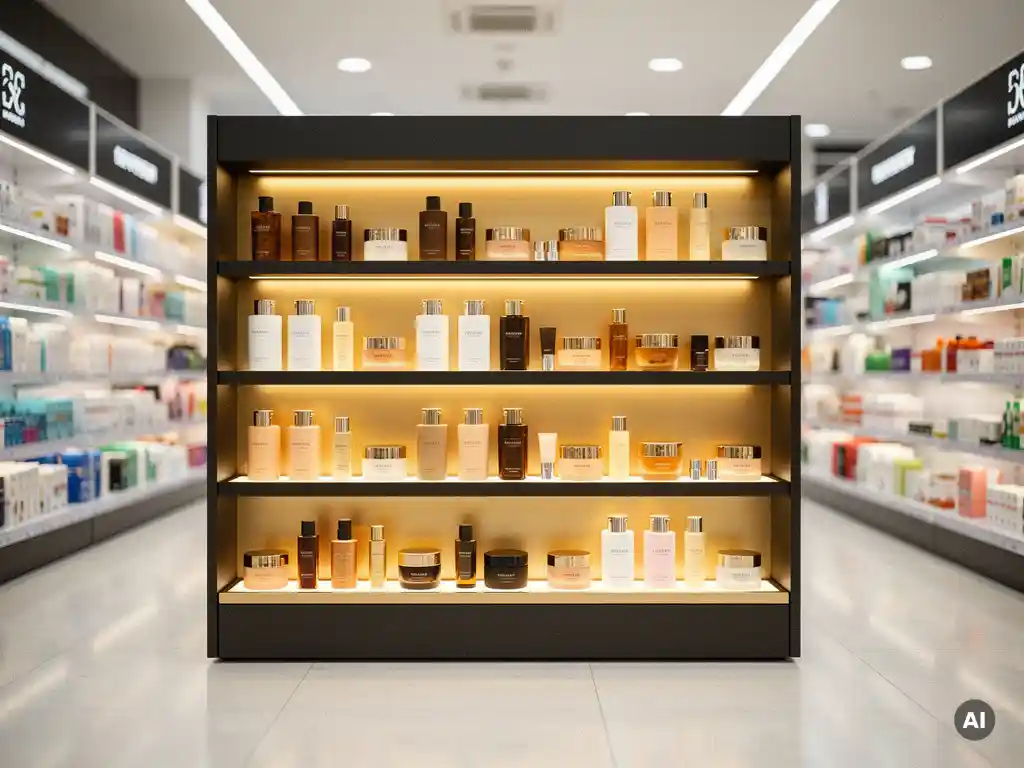 Premium skincare POS display unit with illuminated shelving and golden accent lighting in a pharmacy aisle.