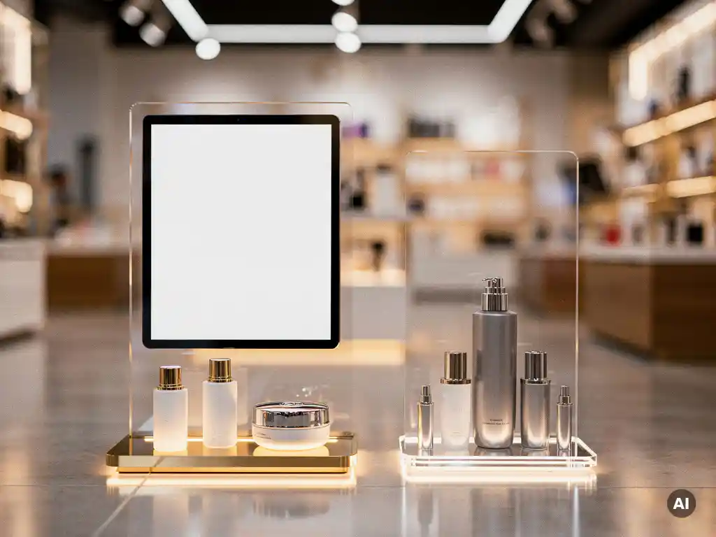Digital POS screen glowing beside a premium acrylic retail stand with cosmetic products arranged at the base, lit by warm amber accent lighting.