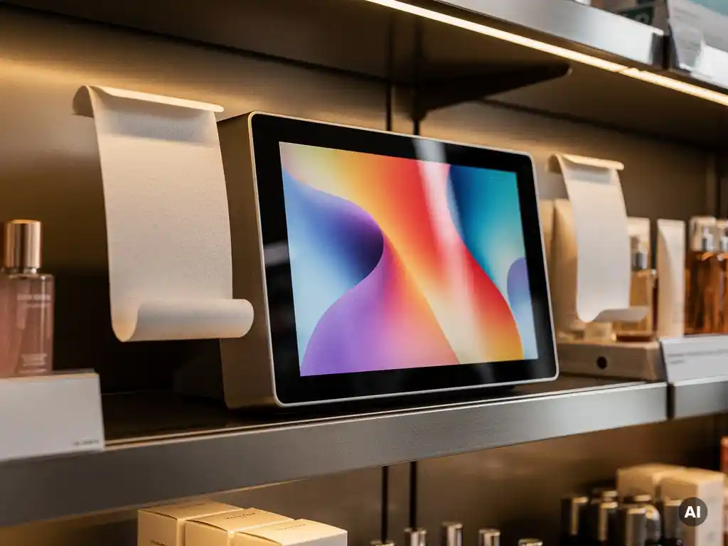Digital POS screen mounted on a UK retail shelf beside curling printed card signage, surrounded by upscale cosmetics under warm amber lighting.