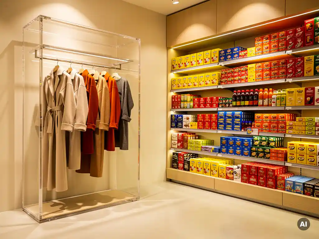 Fashion boutique display stand with folded garments beside a vibrant FMCG consumer goods shelf on a shared retail floor, warm cream and red tones.