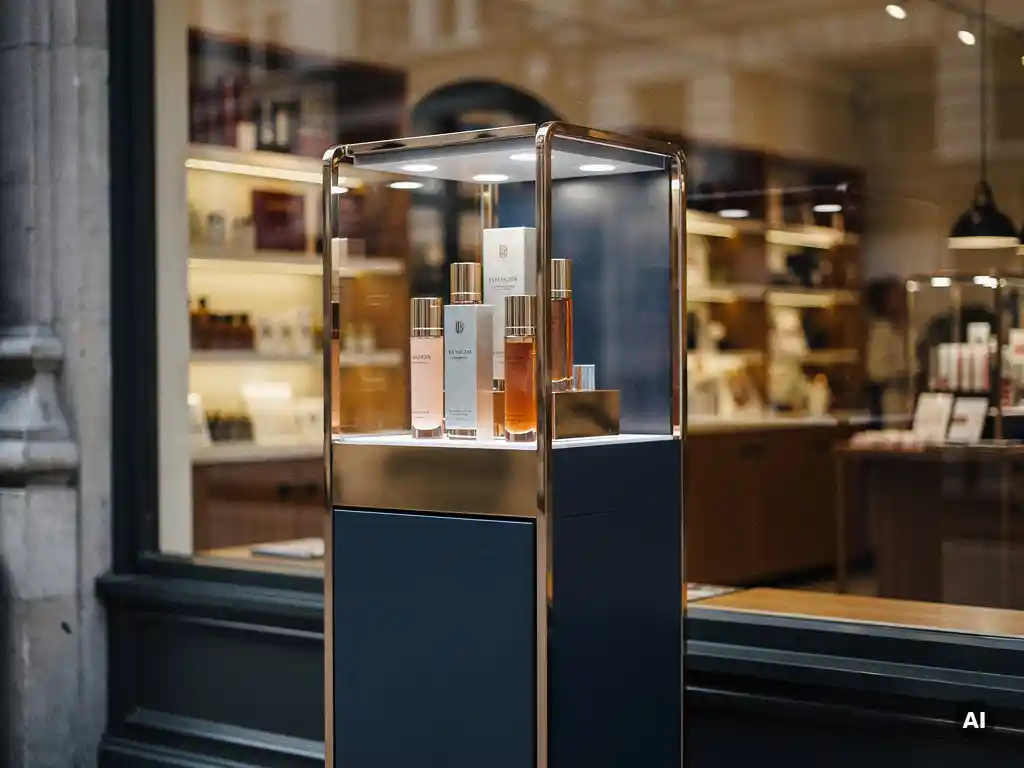 Premium cosmetic POS display stand in a London flagship store, polished acrylic and brushed metal under white spotlights, warm high street shop visible through glass behind.