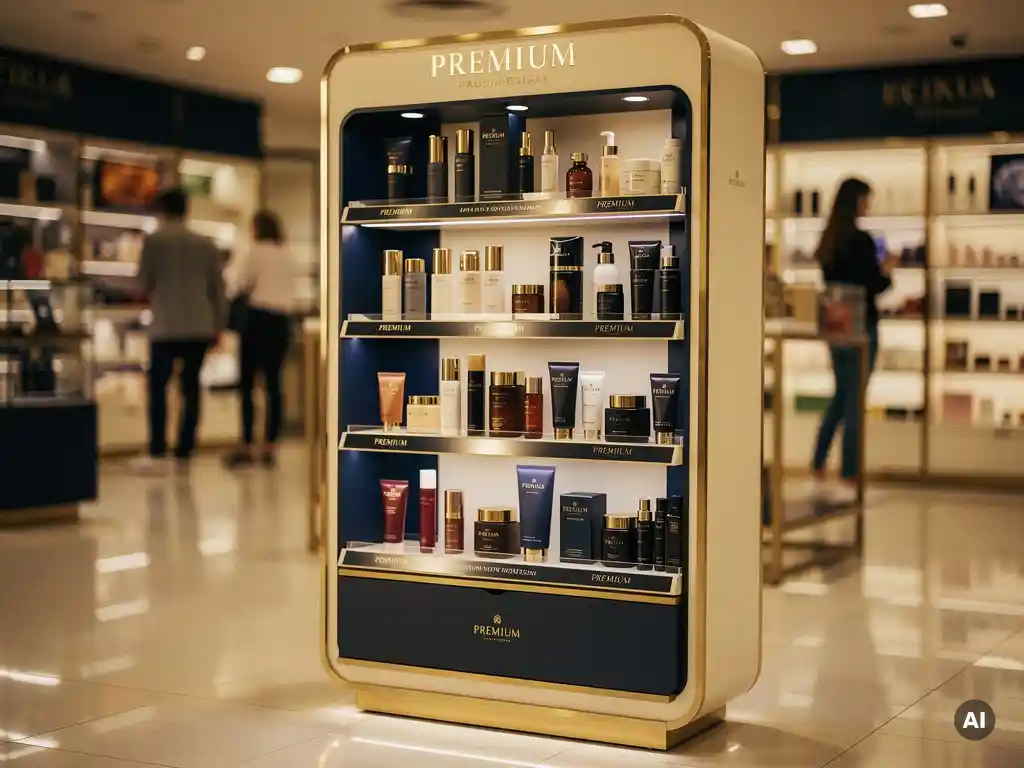 Freestanding POS display unit showcasing premium beauty products on a retail shop floor with warm golden spotlights and brushed metallic accents.