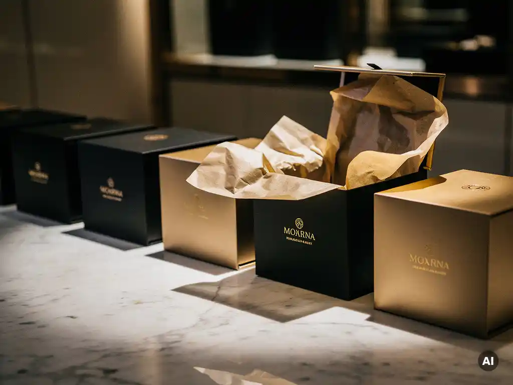 Luxury matte black and champagne gold gift boxes on polished marble, soft tissue paper spilling from an open box under warm spotlight.