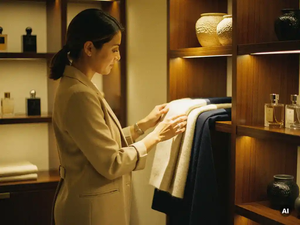 Woman touching folded cashmere on a walnut display in a warmly lit luxury boutique with perfume bottles and ceramics nearby.