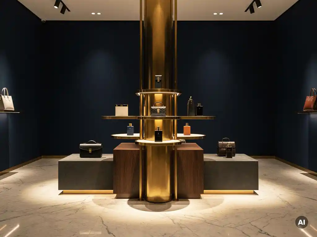 Luxury boutique interior featuring a polished brass and walnut display fixture with curated products on marble floors beneath warm spotlights.