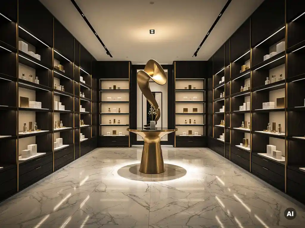 Luxury boutique interior with polished marble floors, dark walnut shelving, and golden spotlight on a sculptural centerpiece fixture.