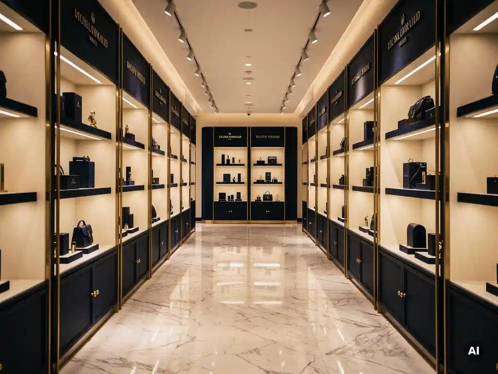 Luxury boutique aisle with symmetrical display fixtures, marble floors, cream and navy tones, brushed gold accents, and warm spotlights illuminating premium merchandise.