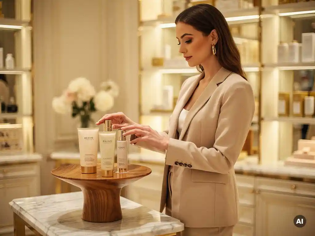 Woman examining a premium skincare product on a sculptural wooden display in a sunlit luxury boutique with warm gold tones.