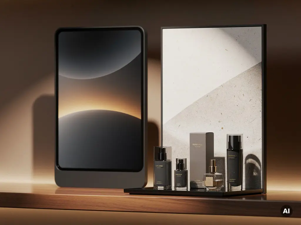 Digital display screen beside printed POS panel on retail shelf, luxury cosmetics arranged in warm amber spotlighting with charcoal and white tones.