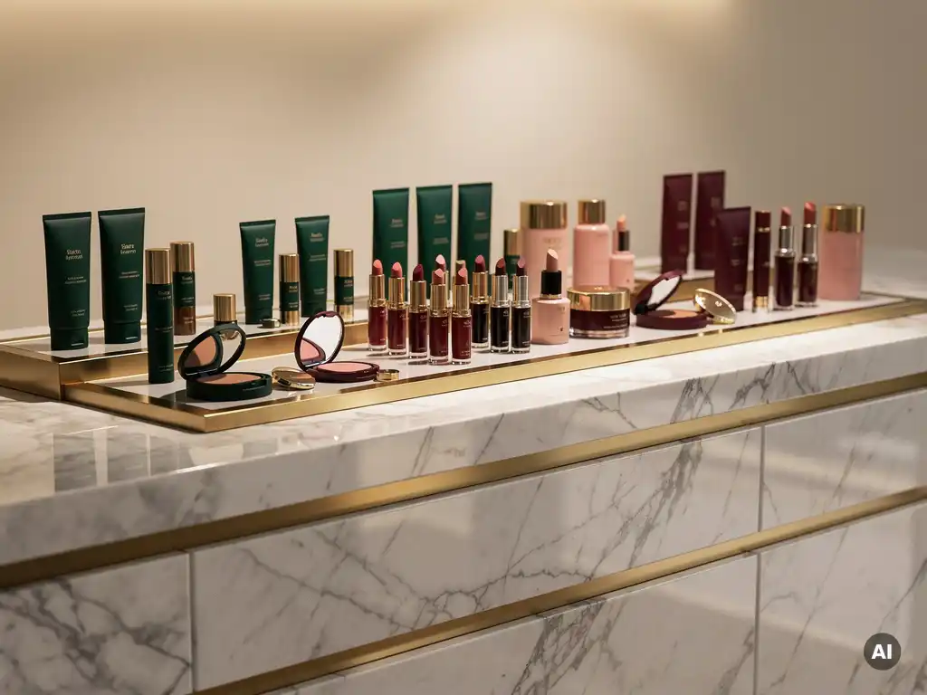 Luxury retail cosmetic display counter with polished marble, brushed gold fixtures, and emerald, burgundy, and blush packaging under warm spotlights.